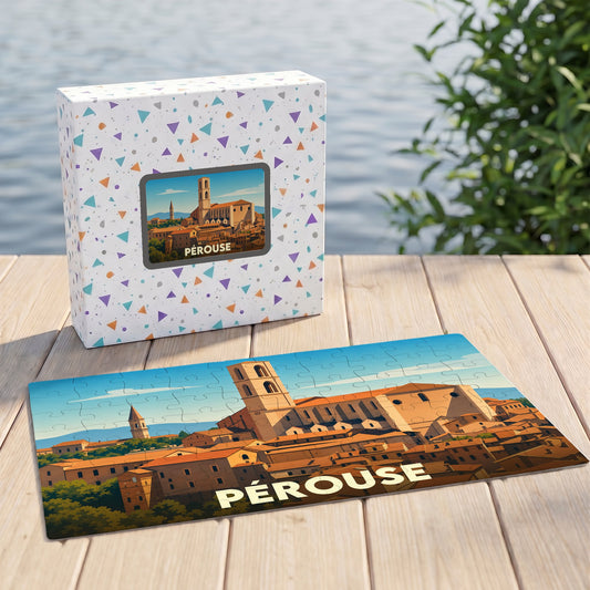 Puzzle souvenir de la ville de Pérouse avec une illustration stylisée et colorée.