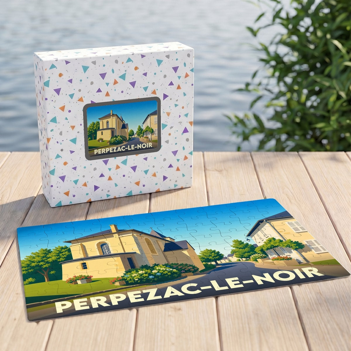 Puzzle souvenir de la ville de Perpezac-le-Noir avec son illustration stylisée et sa boîte assortie.