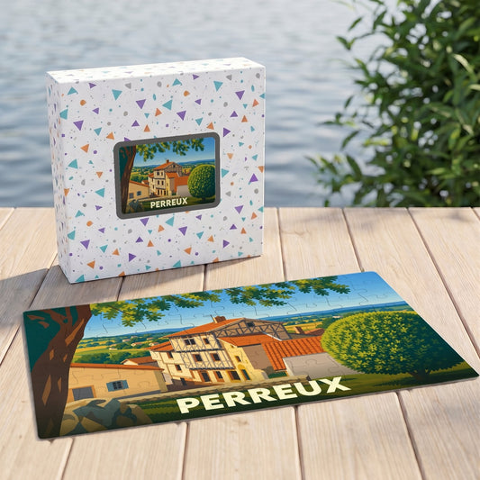 Puzzle souvenir de la ville de Perreux avec une illustration stylisée d'un paysage urbain.