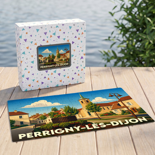 Puzzle souvenir de la ville de Perrigny-lès-Dijon avec une illustration stylisée.