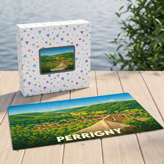 Puzzle souvenir de la ville de Perrigny avec une illustration stylisée d'un paysage verdoyant.
