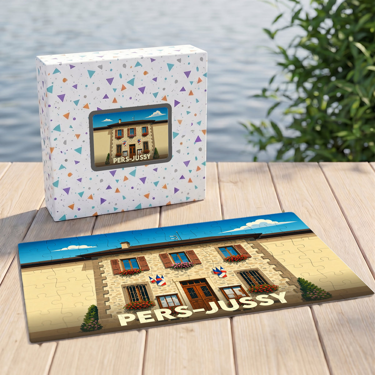 Puzzle souvenir de la ville de Pers-Jussy avec une illustration stylisée de sa mairie.