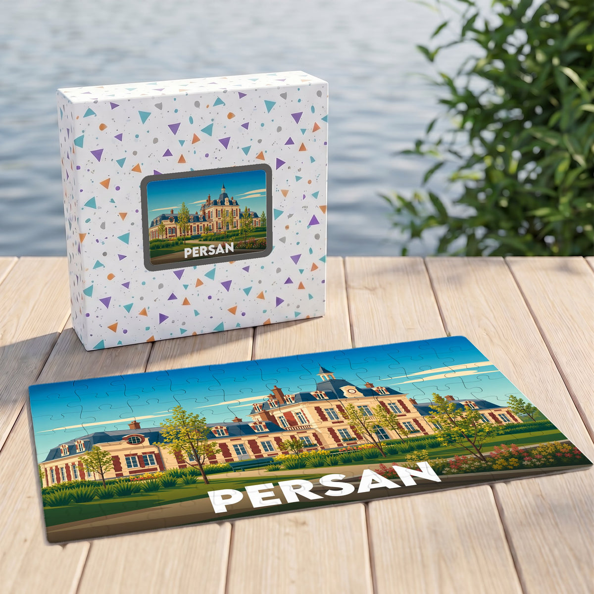 Puzzle souvenir de la ville de Persan représentant son château dans un style illustré.