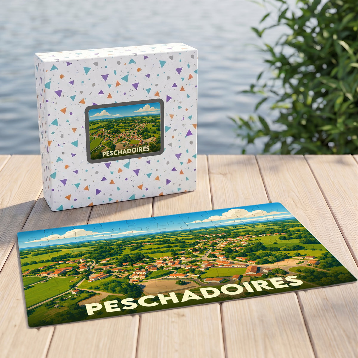 Puzzle souvenir de la ville de Peschadoires présentant une vue aérienne illustrée du village.