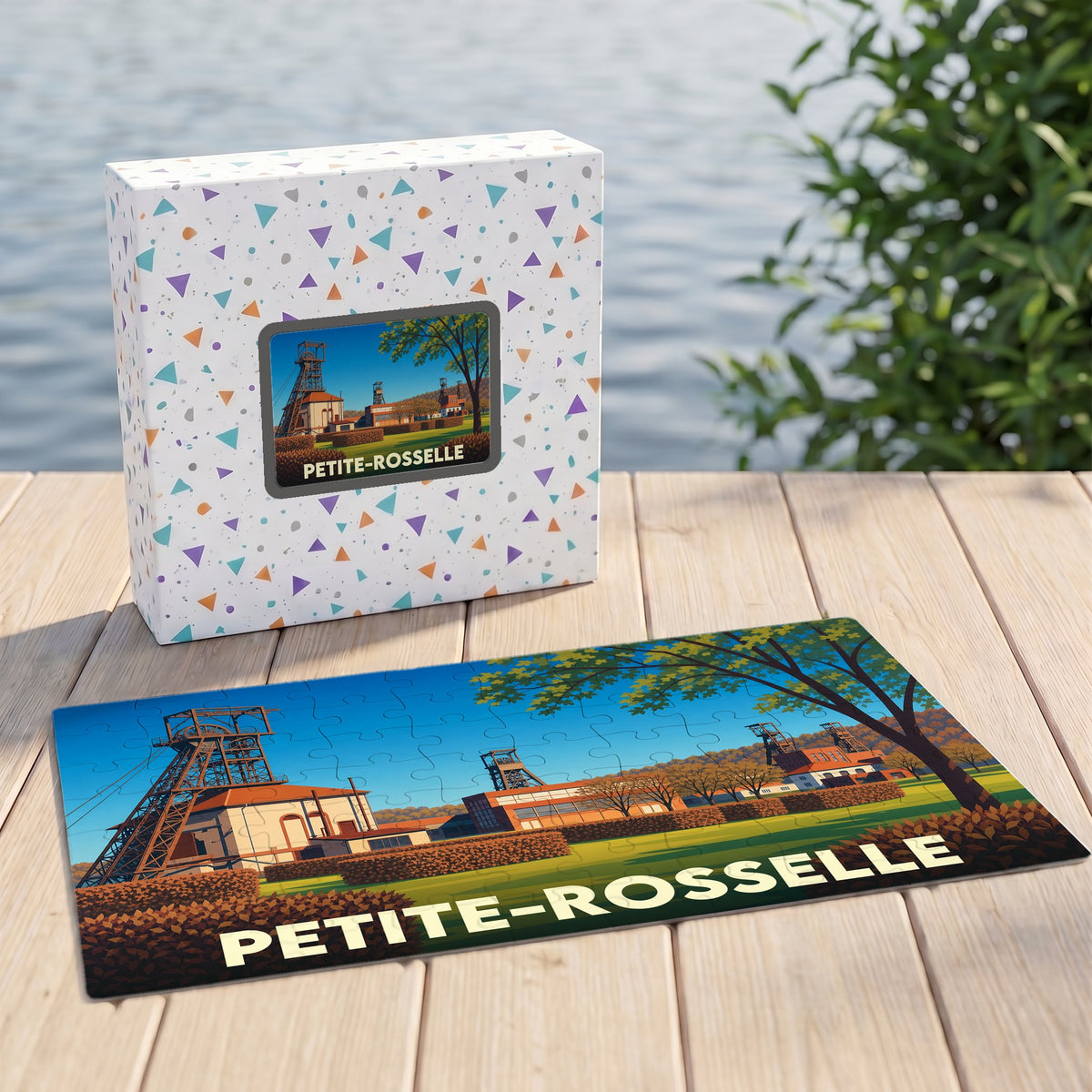 Puzzle souvenir de la ville de Petite-Rosselle illustrant ses anciens puits de mine dans un style rétro.