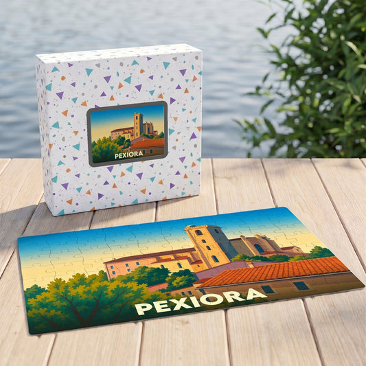 Puzzle souvenir de la ville de Pexiora avec une illustration stylisée et sa boîte assortie.