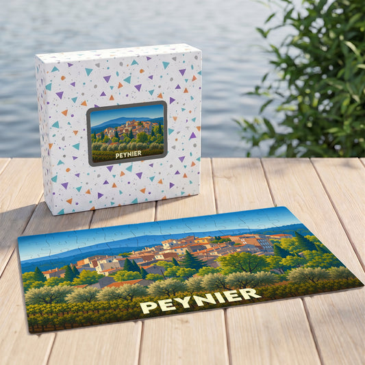Puzzle souvenir de la ville de Peynier avec une illustration stylisée de son paysage provençal.
