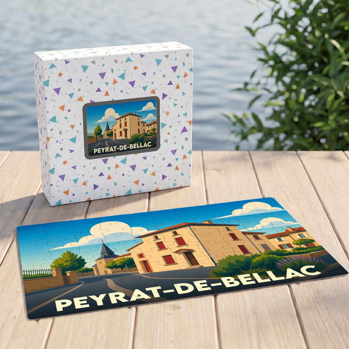 Puzzle souvenir de la ville de Peyrat-de-Bellac avec son illustration stylisée et sa boîte assortie.