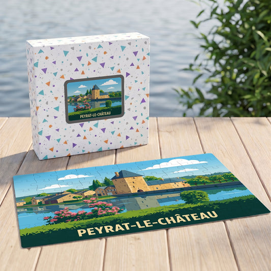 Puzzle souvenir de la ville de Peyrat-le-Château avec une illustration stylisée et colorée.