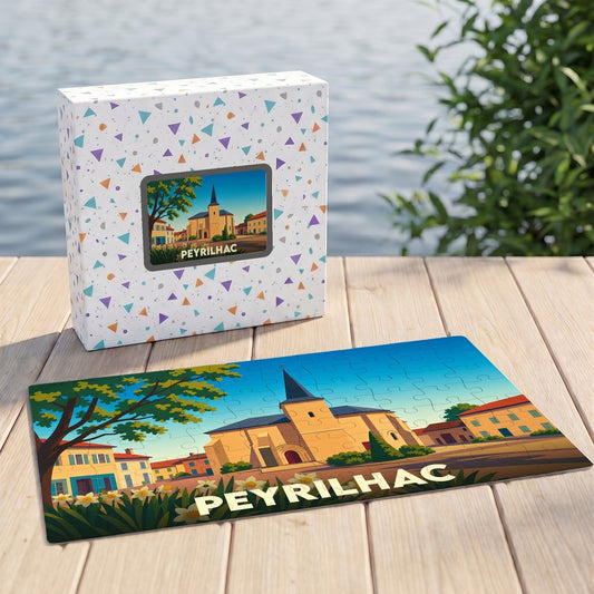Puzzle souvenir de la ville de Peyrilhac avec une illustration stylisée.