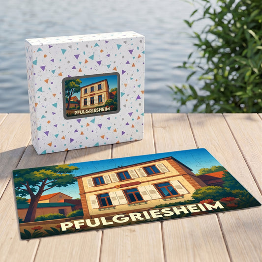 Puzzle souvenir de la ville de Pfulgriesheim avec une illustration stylisée d'un bâtiment traditionnel.