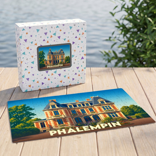Puzzle souvenir de la ville de Phalempin présentant une illustration stylisée d'un manoir.