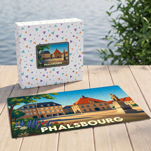 Puzzle souvenir de la ville de Phalsbourg avec une illustration stylisée et sa boîte assortie.