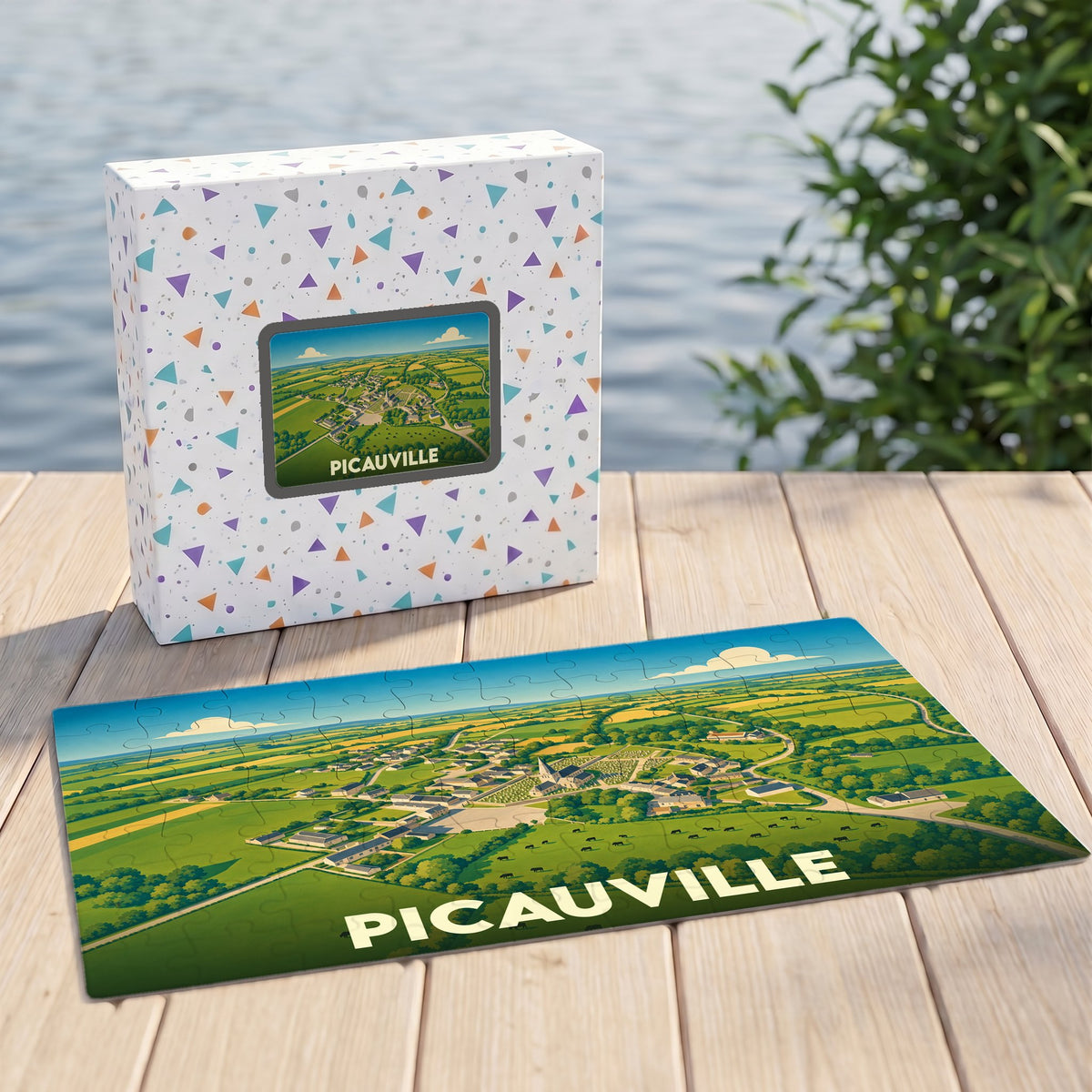 Puzzle souvenir de la ville de Picauville avec une illustration paysagère stylisée.