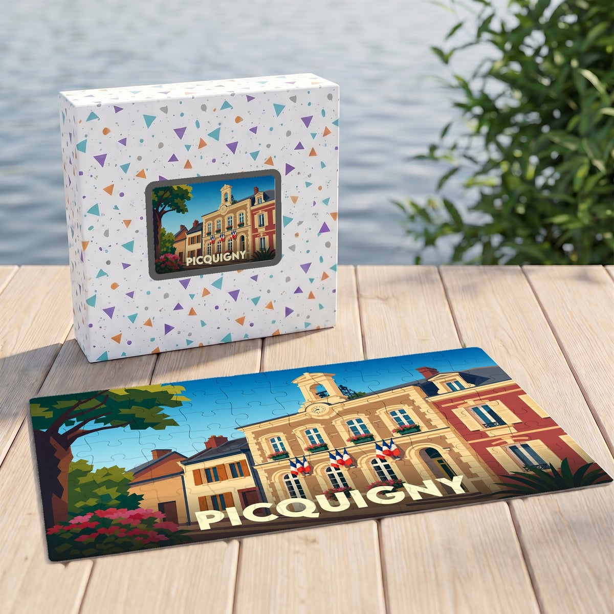 Puzzle souvenir de la ville de Picquigny avec une illustration stylisée de son hôtel de ville.