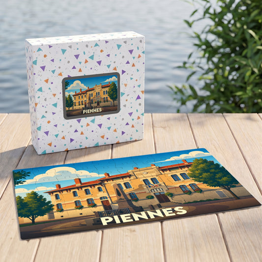 Puzzle souvenir de la ville de Piennes avec une illustration stylisée d'un bâtiment remarquable.