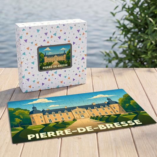 Puzzle souvenir de la ville de Pierre-de-Bresse avec une illustration stylisée de son château.