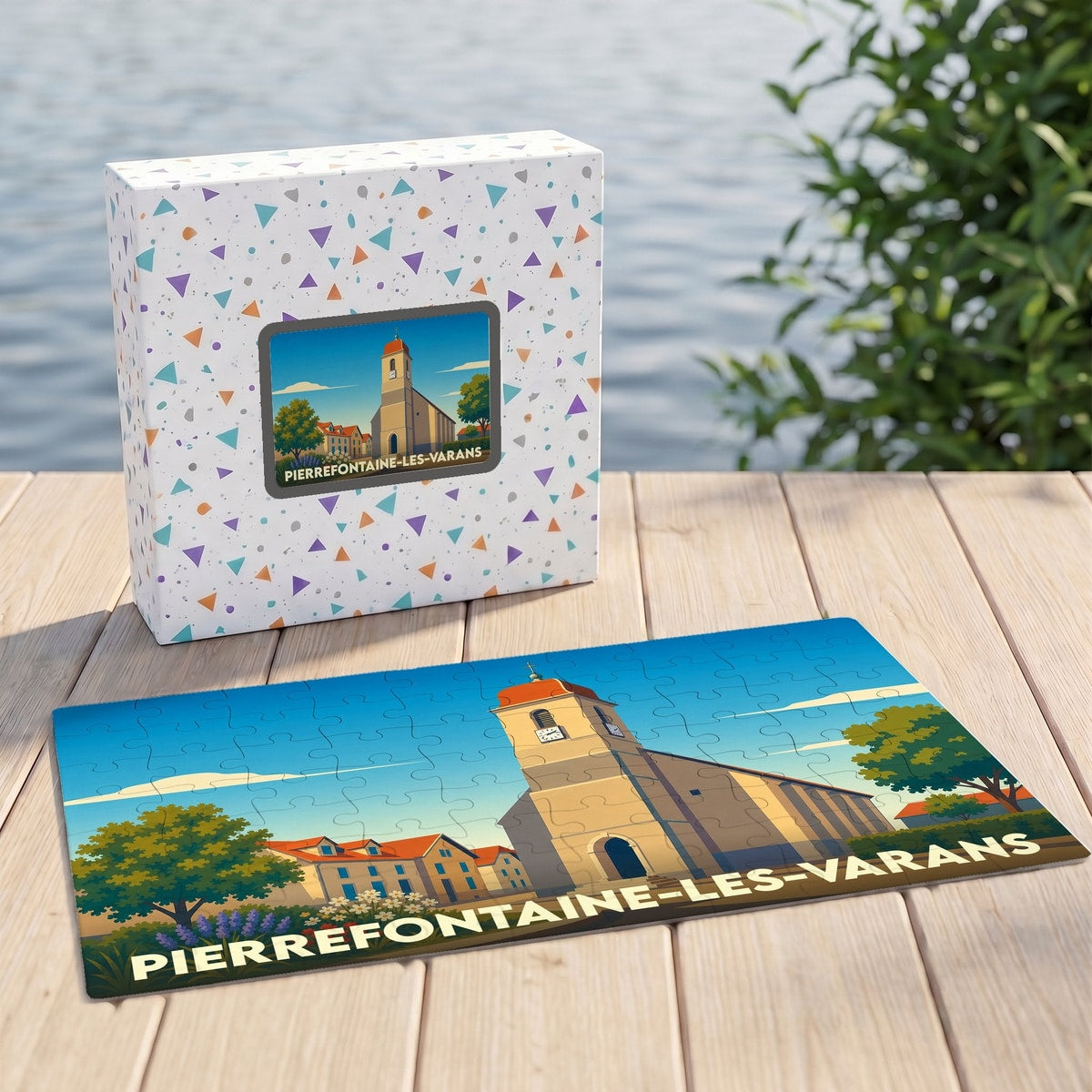 Puzzle souvenir de la ville de Pierrefontaine-les-Varans avec une illustration stylisée de son église.