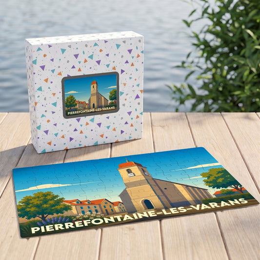 Puzzle souvenir de la ville de Pierrefontaine-les-Varans avec une illustration stylisée de son église.