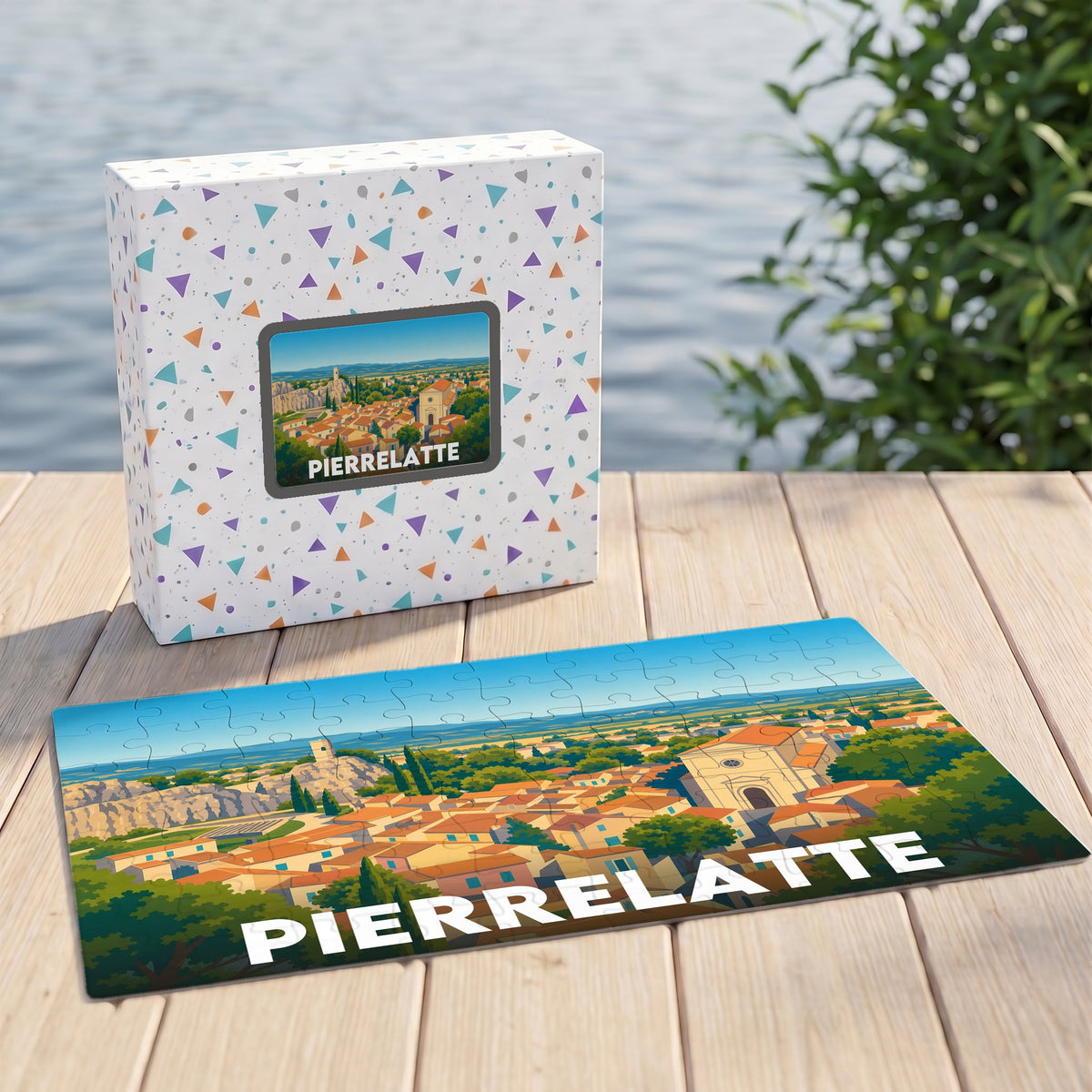 Puzzle souvenir de la ville de Pierrelatte avec une illustration panoramique stylisée.
