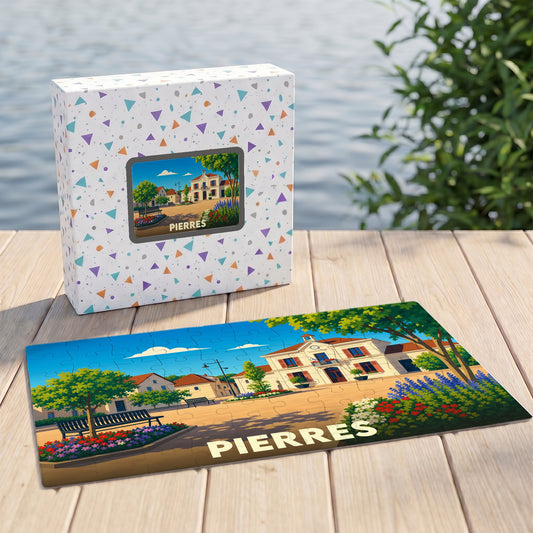 Puzzle souvenir de la ville de Pierres avec une illustration stylisée.