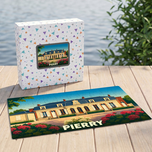 Puzzle souvenir de la ville de Pierry avec une illustration stylisée et colorée représentant un bâtiment historique.