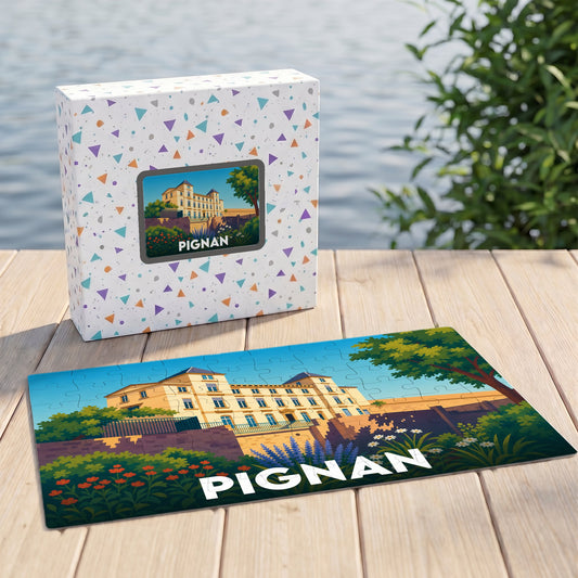 Puzzle souvenir de la ville de Pignan avec une illustration stylisée de son château.