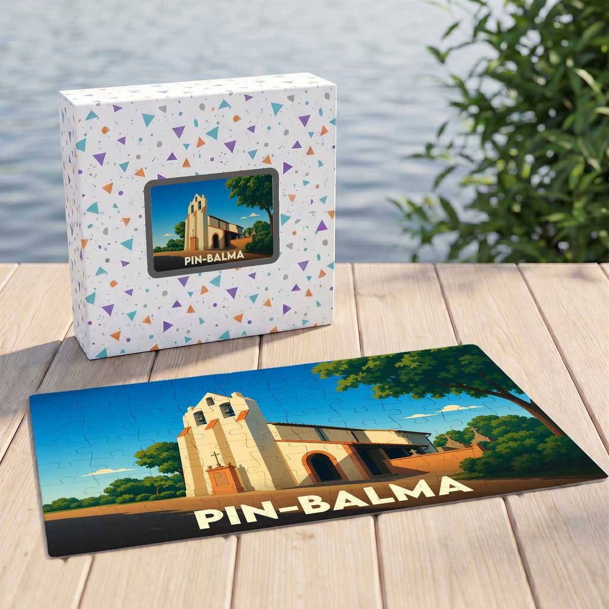 Puzzle souvenir de la ville de Pin-Balma illustré d'un dessin stylisé de son église.
