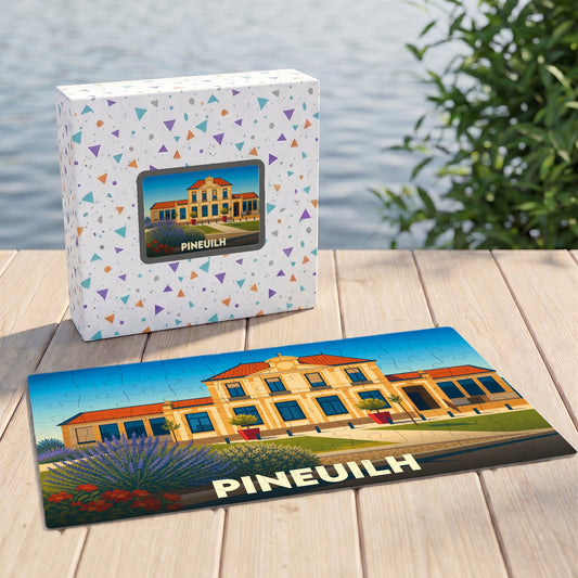 Puzzle souvenir de la ville de Pineuilh avec une illustration stylisée d'un bâtiment emblématique.
