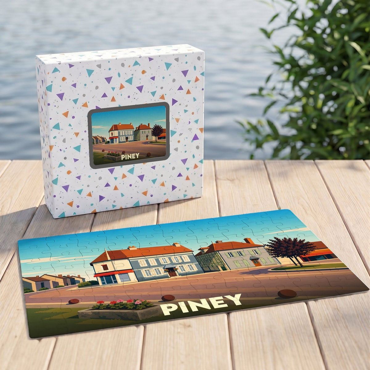 Puzzle souvenir de la ville de Piney avec une illustration stylisée de ses bâtiments.