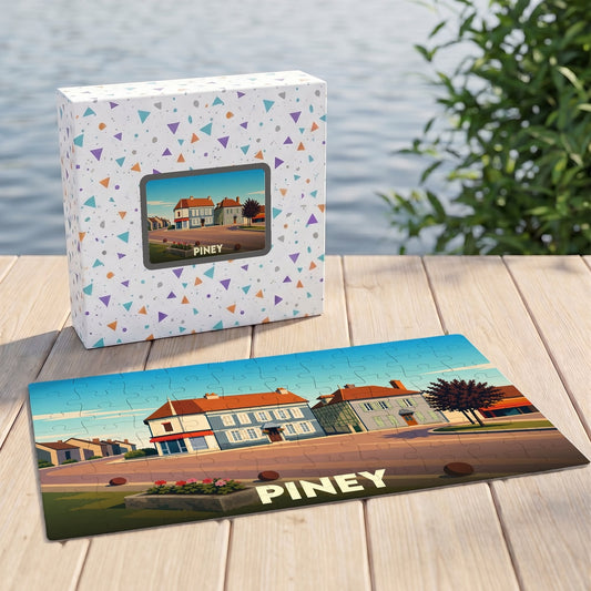 Puzzle souvenir de la ville de Piney avec une illustration stylisée de ses bâtiments.
