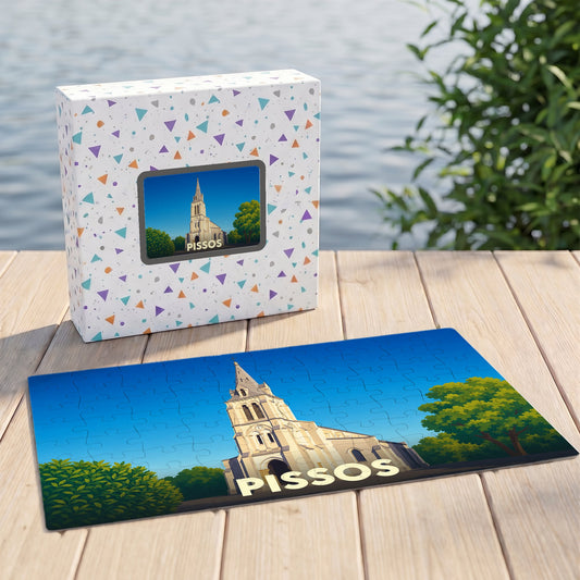 Puzzle souvenir de la ville de Pissos avec une illustration stylisée de son église.