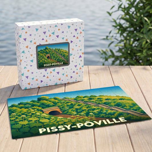 Puzzle souvenir de la ville de Pissy-Pôville illustrant un paysage de voie ferrée et de nature luxuriante.