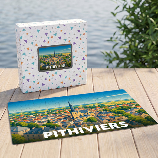 Puzzle souvenir de la ville de Pithiviers avec une illustration panoramique stylisée.