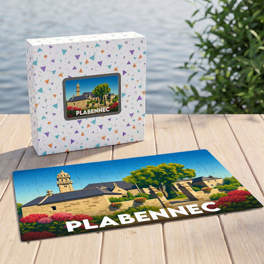 Puzzle souvenir de la ville de Plabennec avec une illustration stylisée et colorée.