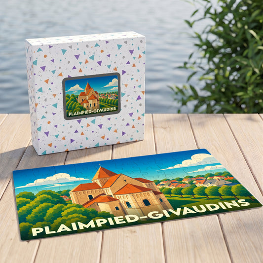 Puzzle souvenir de la ville de Plaimpied-Givaudins avec une illustration stylisée de son église abbatiale.