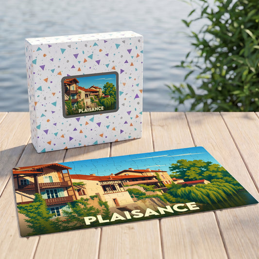 Puzzle souvenir de la ville de Plaisance avec une illustration stylisée d'un paysage urbain au bord de l'eau.