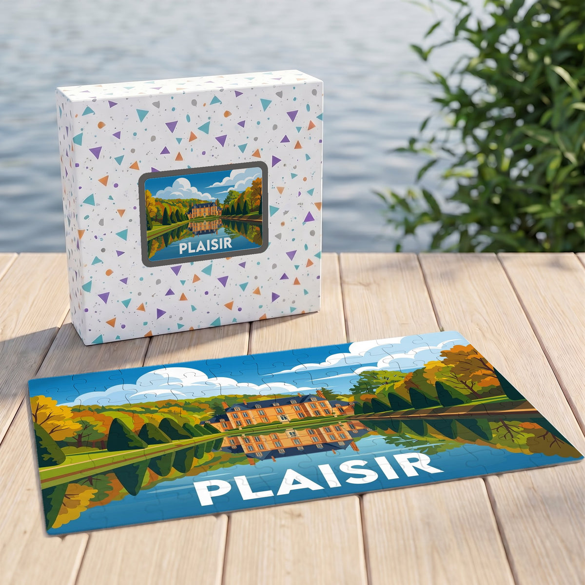 Puzzle souvenir de la ville de Plaisir illustrant son château et son parc avec un style graphique coloré.