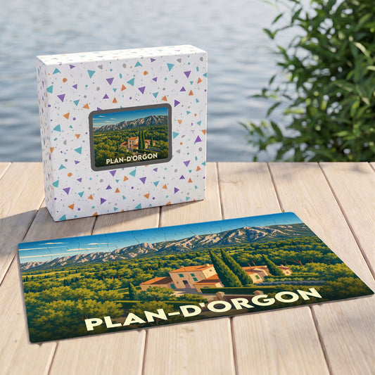 Puzzle souvenir de la ville de Plan-d'Orgon avec une illustration de paysage provençal.
