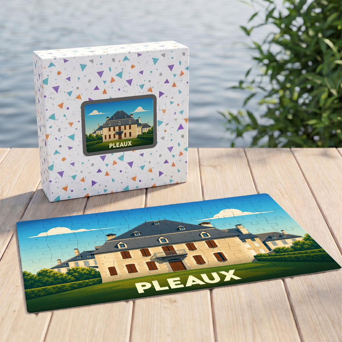 Puzzle souvenir de la ville de Pleaux avec une illustration stylisée d'un manoir.