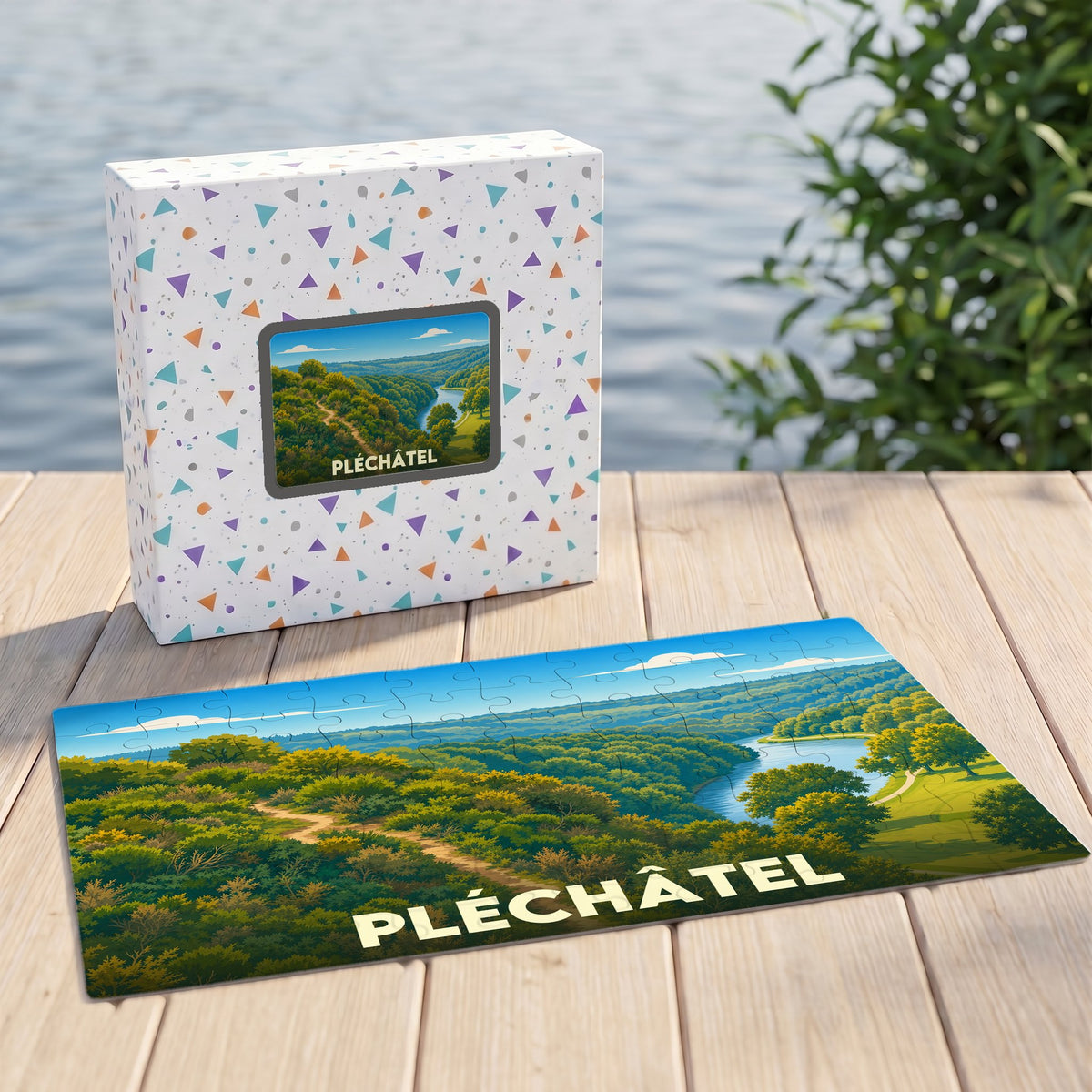 Puzzle souvenir de la ville de Pléchâtel avec une illustration paysagère stylisée.