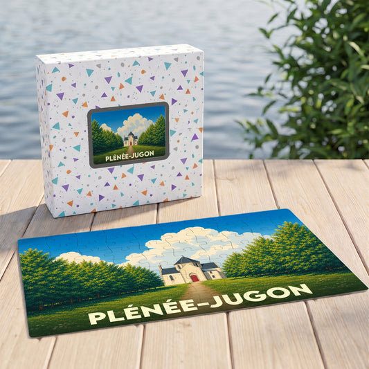 Puzzle souvenir de la ville de Plénée-Jugon avec une illustration stylisée et colorée.