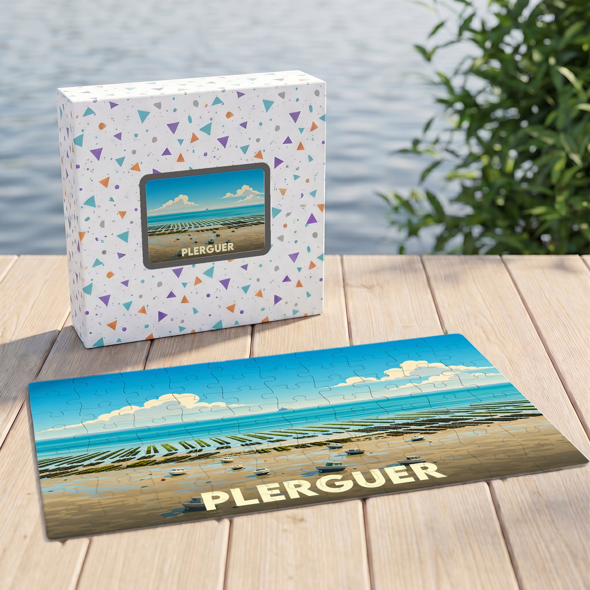 Puzzle souvenir de la ville de Plerguer avec une illustration stylisée de son paysage côtier.