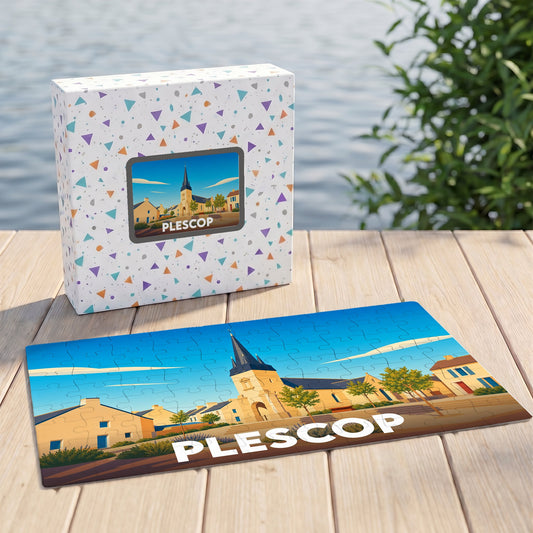 Puzzle souvenir de la ville de Plescop avec une illustration stylisée et colorée.
