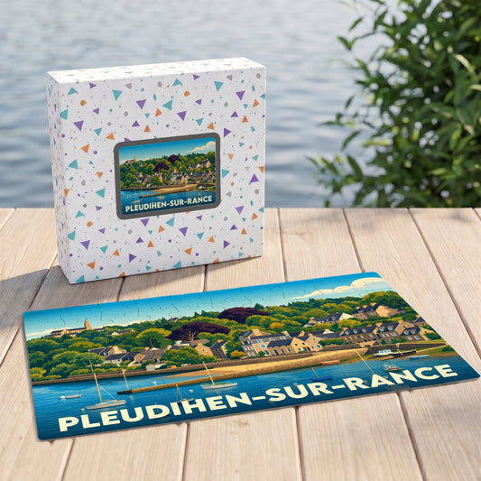 Puzzle souvenir de la ville de Pleudihen-sur-Rance avec une illustration stylisée de son front de mer.