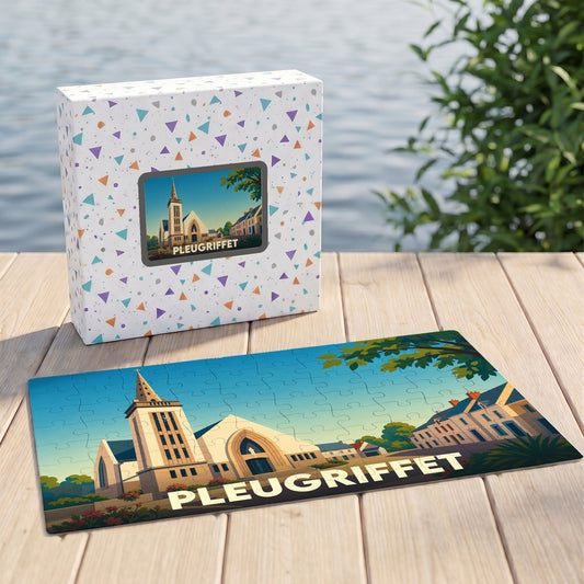 Puzzle souvenir de la ville de Pleugriffet avec une illustration stylisée de son église.