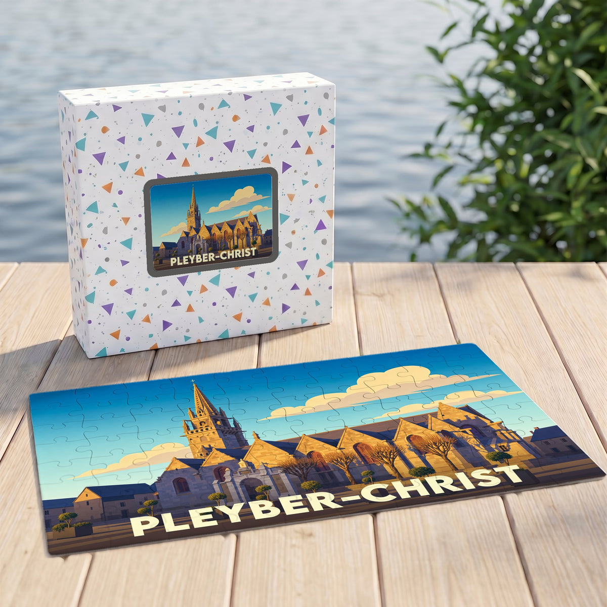 Puzzle souvenir de la ville de Pleyber-Christ avec une illustration stylisée de son église.