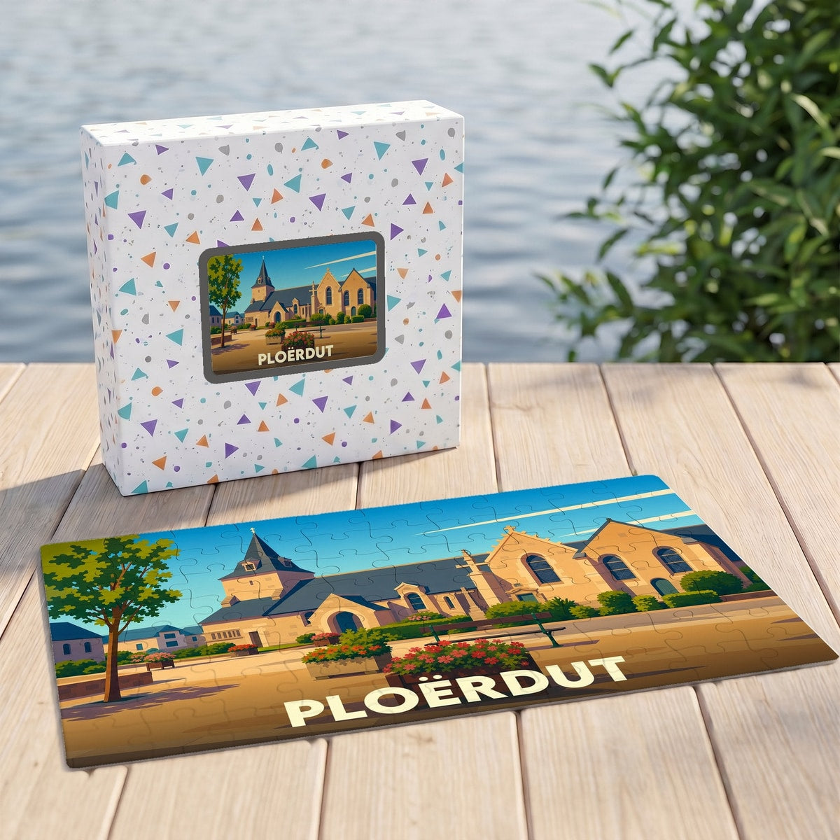 Puzzle souvenir de la ville de Ploërdut avec une illustration stylisée de son église et de sa place.