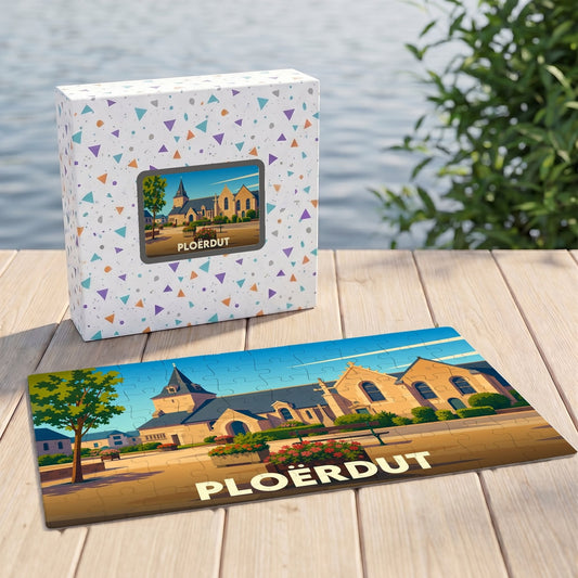 Puzzle souvenir de la ville de Ploërdut avec une illustration stylisée de son église et de sa place.