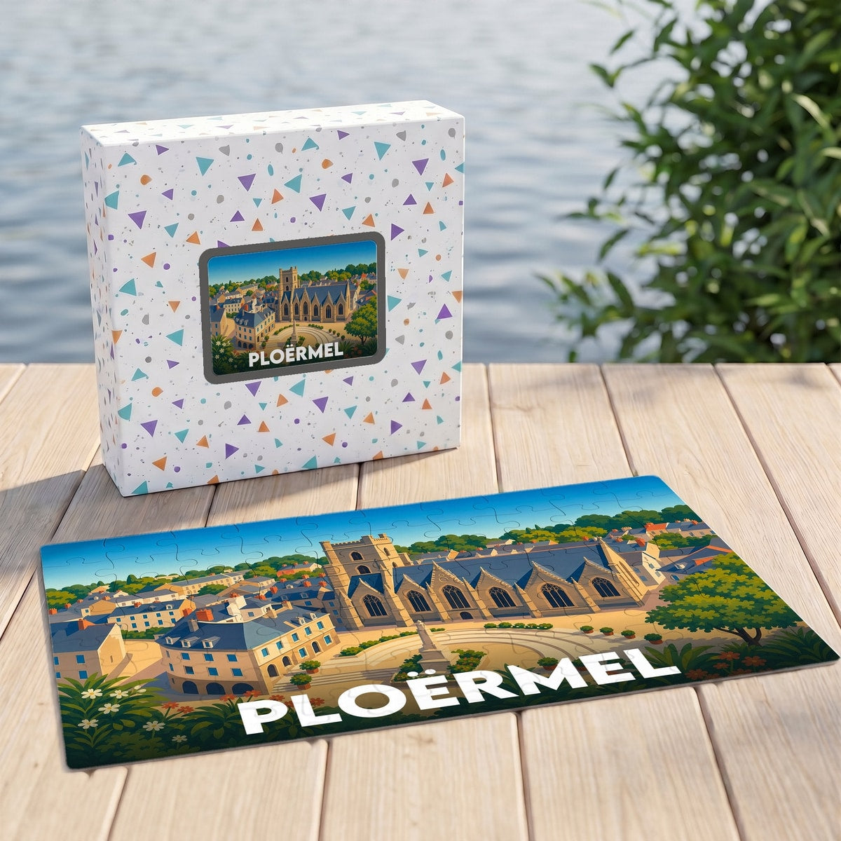 Puzzle souvenir de la ville de Ploërmel avec une illustration stylisée et colorée.